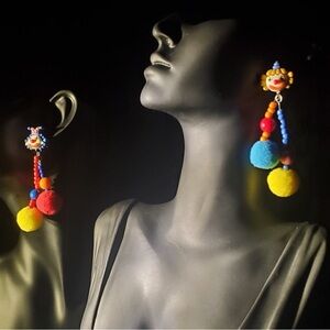 Colorful Pom Pom Red Yellow Blue Dangle Earrings